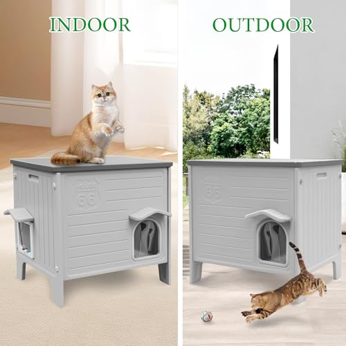 Cat House Outdoor Weatherpoof Plastic Cat Shelter Outside | with Escape Door Indoor Waterproof Feral/Pet Cat Houses for Puppy, Rabbit(Grey) - style: Standard