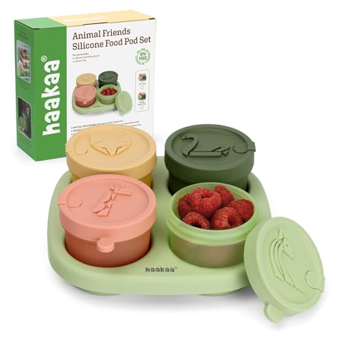 Haakaa Silicone Baby Food Containers, 4oz/120ml Baby Food Jars with Leakproof Animal Lids and Tray, Freezer-Safe Storage for Homemade Purees, Snacks & Meal Prep, 4 Pack, Spring Green Tray - color: Spring Green Tray