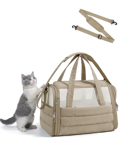 BAGSMART Cat Carrier Soft-Sided Puffy Quilted Collapsible Pet Travel Bag | Pet Carrier for Small Medium Cats Dogs Puppy, Load Up to 20 Lbs for Outdoor Use, Brown - color: Brown, size: 18.1"L x 11.0"W x 11.0"H
