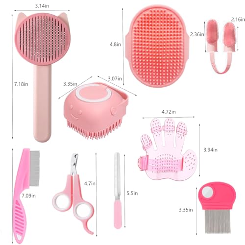 9PCS Pet Gromming Kit，Cleaning Brush Removes Loose Hair, Pet Bath Brush,Shampoo Brush, Nail Clipper, Flea Comb for Dogs&Cats and Small Animal Grooming Kit.