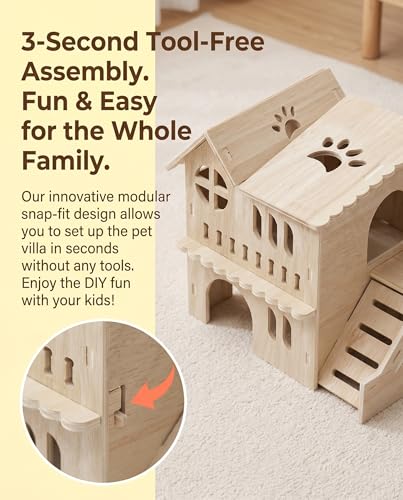 Large Wooden Hamster House & Gerbil Hideout – 8.5" Double-Decker Maze Hut with Slide, Multi-Level Small Animal Cage Accessory for Dwarf Hamsters, Mice, Rats, Gerbils﻿ - color: WOOD