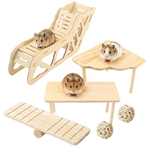 7-Pack Hamster Wooden Play Toys Set, Platform, Seesaw & Maze Tunnel Hideout, Natural Chew Toys for Dwarf Syrian Hamsters, Gerbils, Mice & Small Pets