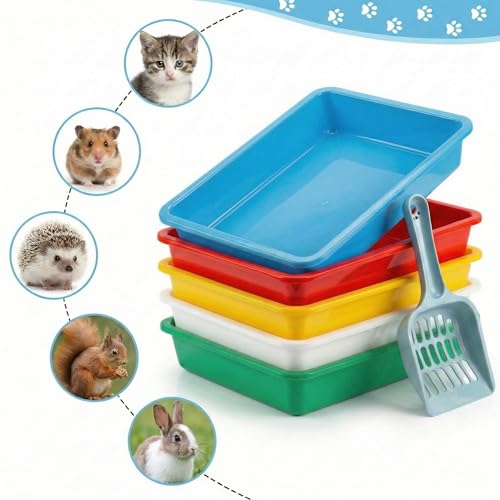 5Pcs Kitten Litter Boxes, 1.57 inch Low Entry Litter Box with Scooper, Portable Litter Box Shallow Litter Pan Open Travel Kitten Boxes for Small Cat, Hamster, Rabbit, 5Colors