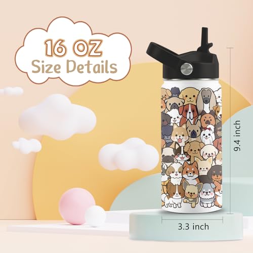 Dog Lover Gifts, 16 oz Water Bottle with Straw Lid, Stainless Steel Insulated Dog Water Bottle, Cute Puppy Tumbler for Travel Outdoor (1pcs) - color: Dogs