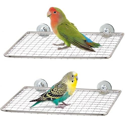 2pcs Stainless Steel Bird Perches for Cage, Open-Grid Easy Clean | Parrot Perch Stand, Claw-Friendly Grip Parakeet Shelves, Flat Bird Platform Perch for Cockatiel, Conure, Budgie, Quaker