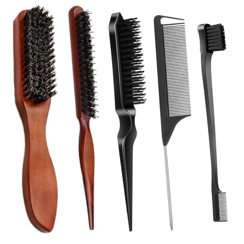 5 PCS Boar Bristle Slick Back Hair Brush Set Edge Control Brush Teasing Comb for Men Women Boar Bristle Smoothing Brushes Sleek Hair Brushes for Slicking Hair Beard (5PCS) - color: 5PCS