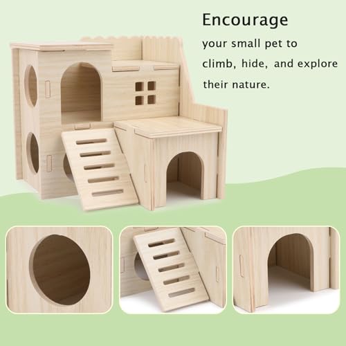Wontee Dwarf Hamster Hideout Wooden House Maze Fun Slide Double-Decker Hut for Dwarf Hamsters Gerbils Mice or Similar Sized Pets