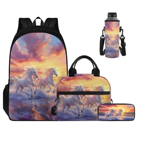 Sunset Horse Backpack for Girls 4th Grade Boys Bookbag with Lunch Box Dust Proof Water Bottle Holder and Pencil Case Customized 4 PCS Zipper Closure Secondary Big School Bag - color: Sunset Horse