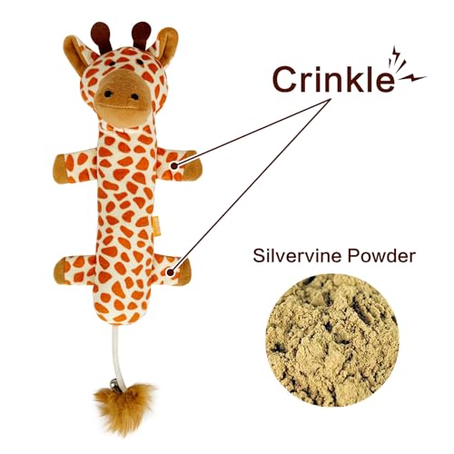 TTcat Large 11.42 Inch Giraffe Silvervine Cat Kick Toy, Crinkle Plush Cat Chew Pillow Toy with Bell Tail, Interactive Kitten Teething Stuffed Toy for Biting, Wrestling & Playing.