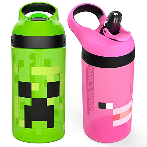 Zak Designs Minecraft Kids Water Bottle with Straw and Built in Carrying Loop Set, Made of Plastic, Leak-Proof Water Bottle Designs (Creeper/Pig, 16 oz, 2pc Set) - color: Creeper & Pig