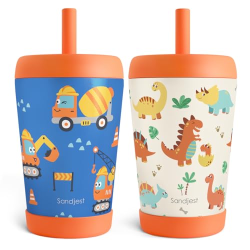 SANDJEST Kids nsulated Stainless Steel Tumbler with Silicone Straw, 12 Ounces, Pack of 2 for Boys, Birthday Back to School (Construction + Dinosaur) - color: Construction + Dinosaur
