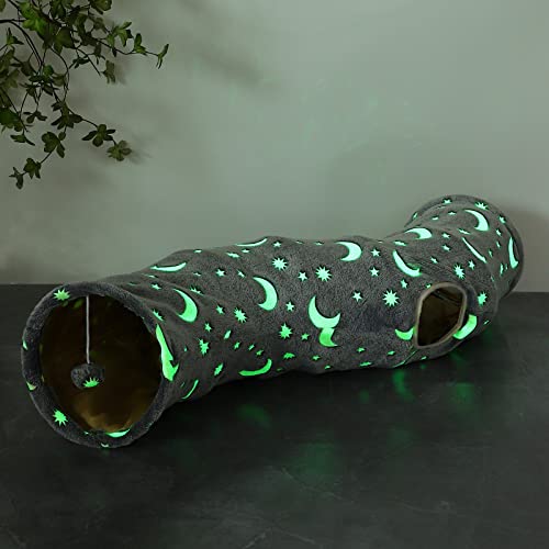 Cat Tunnel Tube with Plush Ball Toys Collapsible Self-Luminous Photoluminescence, for Small Pets Bunny Rabbits, Kittens, Ferrets,Puppy and Dogs Grey Moon Star (S-Shape) - size: S-Shape