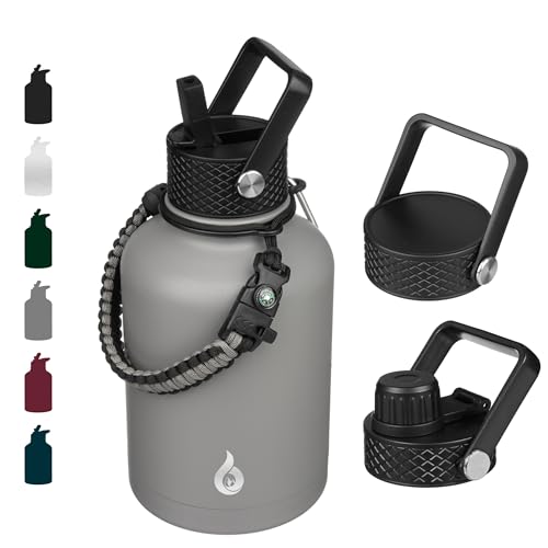 BJPKPK 50oz Stainless Steel Insulated Water Bottle, Vacuum Water Bottle with Straw, Leak Proof, Hot & Cold Insulation, 3 Lids & Paracord Handle, Gray | with Straw Lid, 3 Lids & Paracord Handle, Keep Cold & Hot, BPA-Free Leak-Proof Water Jug for Gym Sports