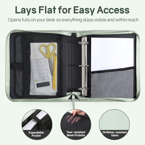 SUNEE Zippered Binder Bag with Handle, 2-Inch 3-Ring O-Ring, 500-Sheet Capacity, Includes Zip Pocket, 5-Tab Expanding File Folder, Multi-Pocket Organizer Binder for Middle School, Sage Green - color: Sage Green