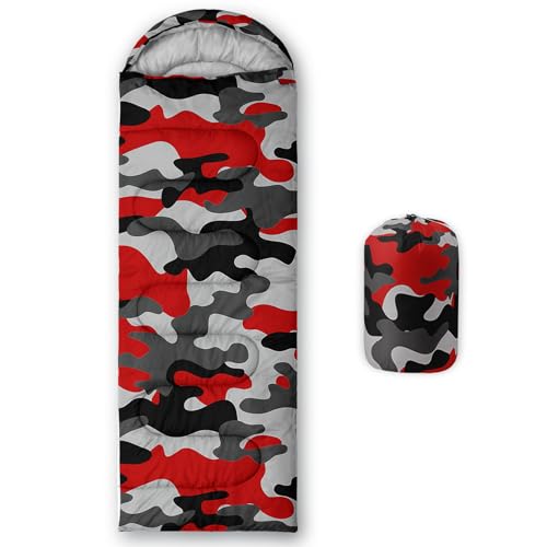 Sleeping Bags for Adults and Kids Backpacking Camping Sleeping Bags for Girls and Boys Lightweight Waterproof Cold/Warm Sleeping Bag for All Season - color: Red Camo