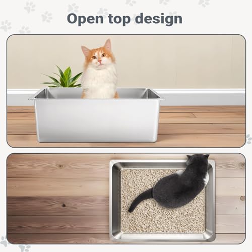 Kirecoo Large Stainless Steel Cat Litter Box Low Entry, Non-Stick | Solid Metal Box, Odor Free, Non Stick, Rust Proof, Easy to Clean, Ideal for Cats, Kittens, Multi-cat & Rabbits, Indoor Use - size: 19.48” L x 13.58” W x 3.9” H