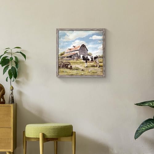 Farmhouse Wall Art Framed Picture: Rustic Barn Wood Print Decor Country Animal Cow Artwork Farm Scene Rural Painting Decoration for Bedroom Bathroom Home 16 x 16 Inches - color: Barn Cow, size: 16L" x 16W"
