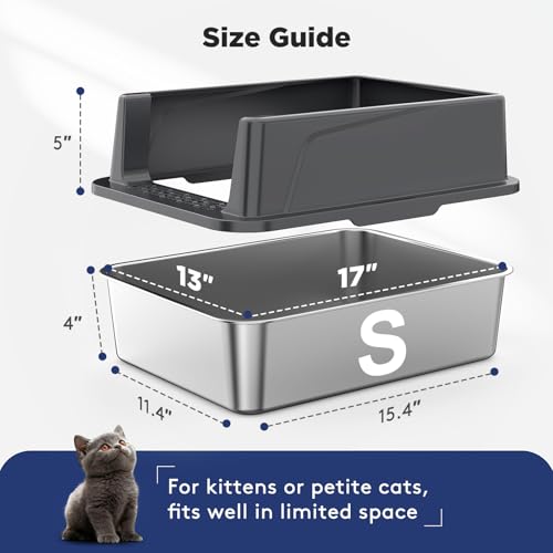 FURTIME 2 Pack Stainless Steel Cat Litter Box with Lid, Metal Kitty Litter Box for Small Cats, Kitten Litter Boxs with Non-Sticky, Anti-Leakage, Easy to Clean, 17"x13"x8.4" (Small) - color: Grey