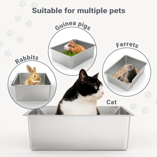 Kirecoo Large High Sided Stainless Steel Cat Litter Box, Non-Stick | Solid Metal Box, Odor Free, Non Stick, Rust Proof, Easy to Clean, Ideal for Cats, Kitten, Kitty & Rabbits, Indoor Use - size: 17.52" L x 13.58" W x 5.9" H