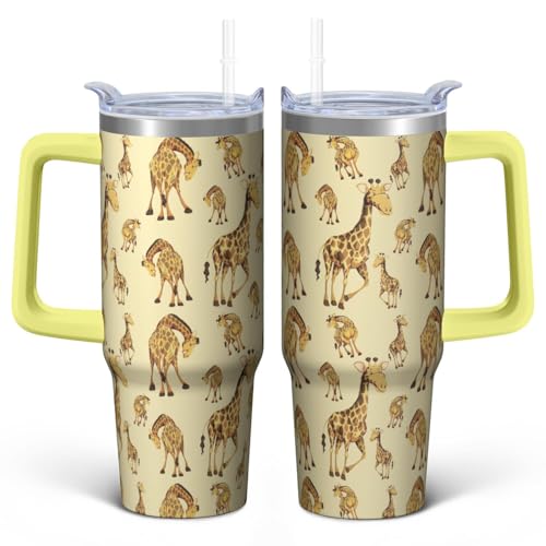 30oz Giraffe Stainless Steel Tumbler with Handle and Straw,Insulated Cup Travel Coffee Mug Water Bottle with Lid and Straw, Animal Lovers Women Gifts - color: Giraffe