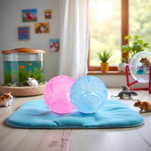 2Pcs Blue and Pink Rotundity Hamster Balls Hamster Ball Transparent Dwarf Exercise Balls Running Wheel Gerbil, Running,Small Animals Silent Motion Wheel Portable and Compact Supplies