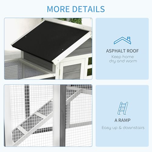 PawHut 49" Wooden Rabbit Hutch Bunny Cage with Fun Outdoor Run Gray | Waterproof Asphalt Roof, Removable Tray and Ramp, for Rabbits, Chickens, Ducks - color: Grey