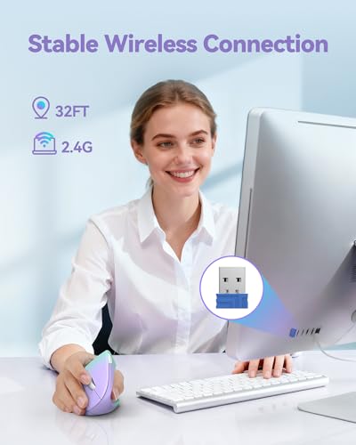 TECKNET Ergonomic Mouse Vertical Wireless with 2.4GHz USB A Receiver | 4800 DPI Optical Tracking, 12 Months Battery Operated, Carpal Tunnel Mice, 6 Buttons, Quiet, for Laptop, PC - Green Purple - color: Green Purple