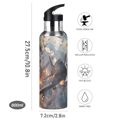 Fighter Jets in Action Water Bottle Kids Insulated Sports Vacuum Stainless Steel Mug with Straw Lid & Handle 20 oz - color: C1019