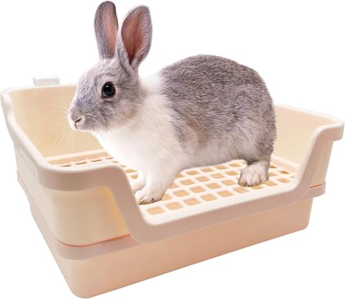 PINVNBY Extra Large Rabbit Litter Box Small Animal Potty Trainer Huge Bunny Litter Pan Plastic Pet Corner Toilet with Mash for Adult Guinea Pigs Chinchillas Ferrets (Beige) - color: Beige