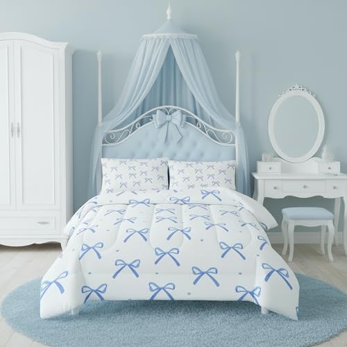QOOMO 3Pcs Bow Comforter Set Queen,Bowknot Bedding Set for Kids | 3Pcs Bedding Set Printed Comforter with 2 Pillowcases,Soft Microfiber,Lightweight and Comfortable,for All seasons - color: Bow 12, size: Queen