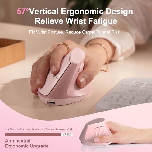 Ergonomic Wireless Vertical Mouse Pink, Bluetooth Mouse with BT5.0/4.0 & 2.4G+USB-C Adapter, Rechargeable Silent, 4 Adjustable DPI Levels, Multi-Device Computer for MacBook, Laptop, PC, Home Office - color: Pink