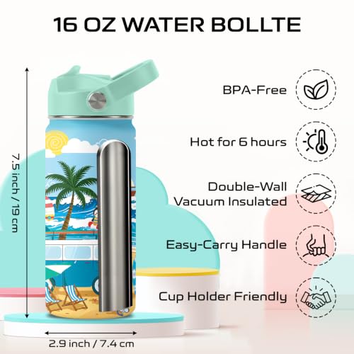 Summer Beach 16 oz Water Bottle with Straw – Stainless Steel Vacuum Insulated Cup, Leakproof Straw Lid, Reusable Travel Mug for Outdoor Sports - color: Beach1