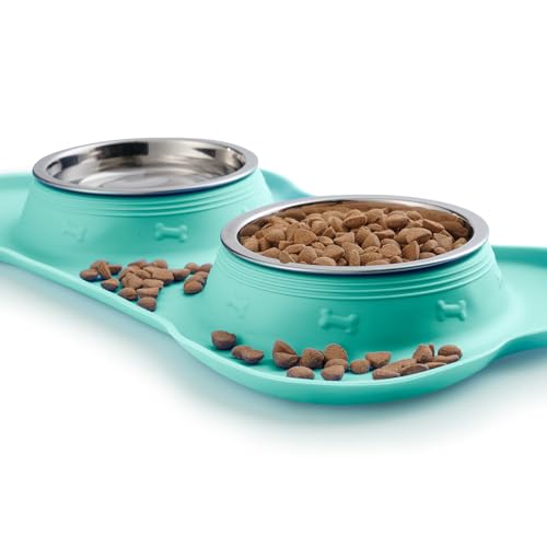 Hubulk Pet Dog Bowls 2 Stainless Steel Dog Bowl with No Spill Non-Skid Silicone Mat + Pet Food Scoop Water and Food Feeder Bowls for Feeding Small Medium Large Dogs Cats Puppies (Small, Mint Green) - color: Mint Green, size: Small
