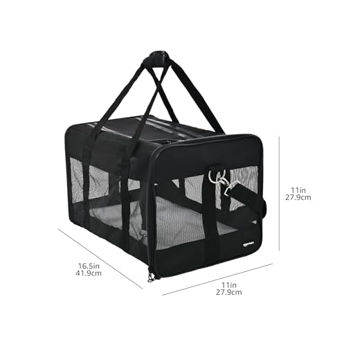 Amazon Basics Airline Approved Soft-Sided Mesh Pet Travel Carrier with Shoulder Strap, Portable, Washable Removable Fleece Pad for Dog, Cat, up to 16 pounds, 16.5" L x 10.6" W x 11" H, Black - size: 16.5"L x 11.0"W x 11.0"H