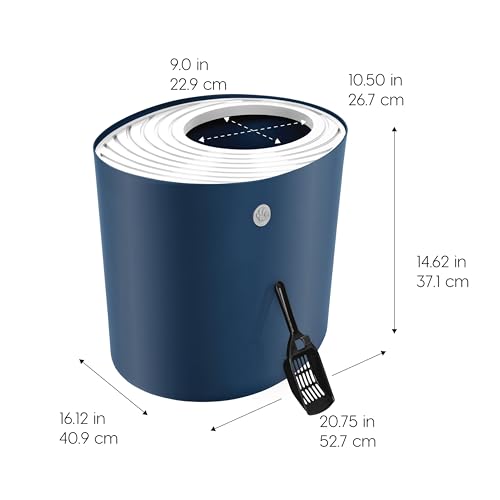 IRIS USA Large Top Entry Cat Litter Box, Hooded Privacy, Navy/White | Dog-Free Zone, Mess Containment System, Protected Interior, Dog Proof Pan, Odor Trapping, Easy Scoop Access - color: Navy, style: Top Entry