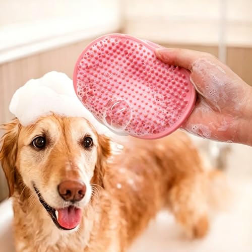 1pc Pet Bathing Brush - Adjustable Circular Handle, Non-Slip Grip, Soft Silicone Bristles for Dog & Cat Grooming, Shampooing, Massaging - Ideal for Bathing, Pink - color: Pink