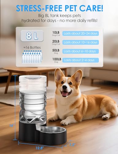 Heouvo 2.1 Gallon Automatic Dog Water Dispenser (8L-Black) | Wide Mouth, Easy Clean/ Removable Stainless Steel Bowl/ Gravity Refilling, Large Capacity for Cats and Dogs, Multi-Pet Homes - size: 8L