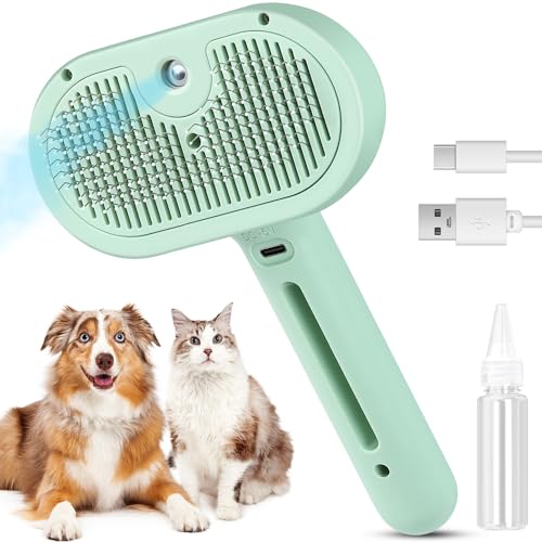 3 in 1 Cat Steam Brush, Pet Spray Hair Removal Comb for Shedding & Grooming, Water Brush for Cats Dogs Small Animals Long Short Haired with One-Click Release Button(Green) - color: Green