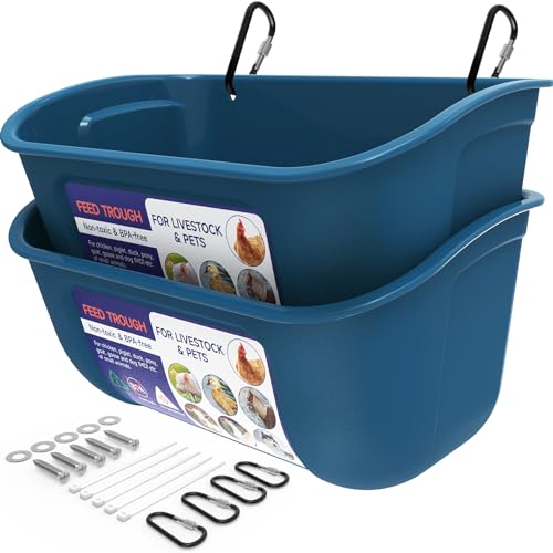 Goovilla Chicken Feeder Waterer, Hanging or Screw-in, 2 Pack 5 Quart, Blue | With Clips and Screws, Goat Feeding Supplies, Duck Piglet Sheeple Coop Dog Livestock Poultry Plastic Feeder Trough Bucket - color: Dark Blue, size: 5 Quart