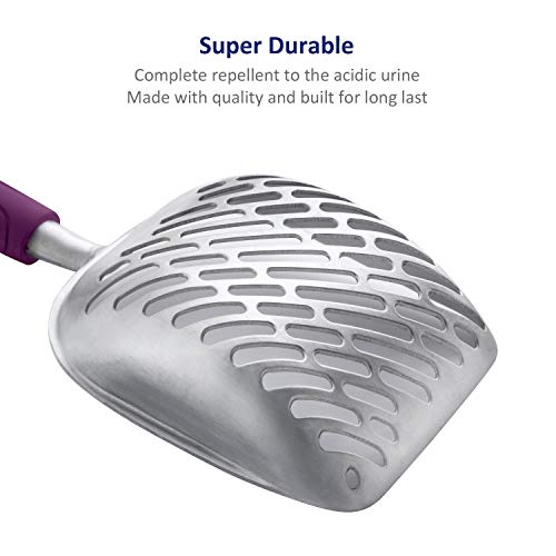 Cat Litter Scoop, Aluminum Alloy Sifter, Kitty Metal Scooper, Deep Shovel with Diagonal Sifting Hole, Long Handle, Kitten Poop Lifter for Litter Box, Large Size, Violet Handle - color: #07 Violet, size: Large