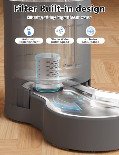 JUNSPOW Cat Water Dispenser with Filter and Stainless Steel Bowl (4L Grey) | Automatic Gravity Water Dispenser for Cats or Small Medium Size Dogs, Large Capacity, Easy to Clean - color: Grey, size: 4L + Filter