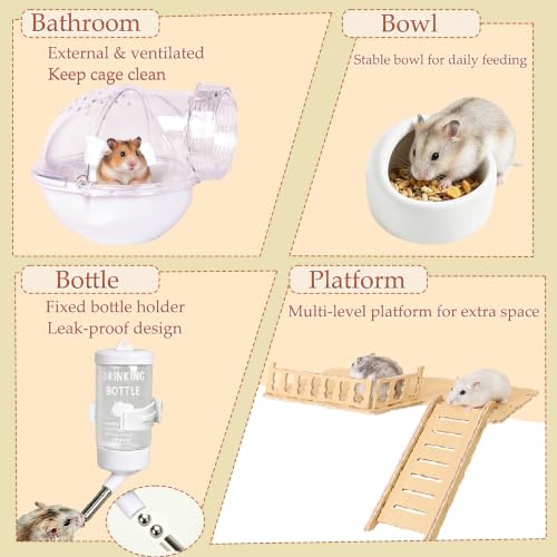 All in 1 Hamster Cage with Tunnel and 7 Accessories,Clear Acrylic Small Animal Habitat for Drawf Hamster,Gerbil,Hedgehog(17.7"*11.8"*13.4")