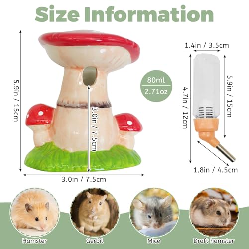 PINVNBY Hamster Water Bottle No Drip Ceramic Automatic Gerbil Water Bottle 80ML Water Dispenser with Mushroom Stand Holder for Gerbils Syrian Hamsters Dwarf Hamsters Mice (Red) - color: Red
