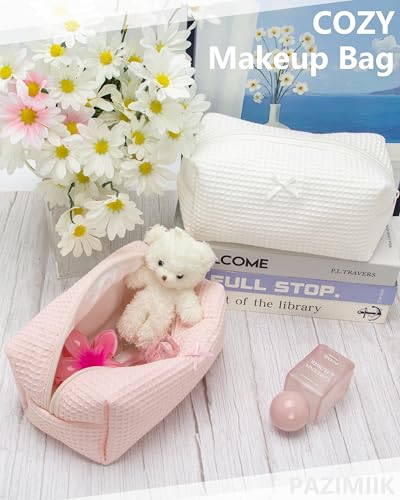 PAZIMIIK Cozy Makeup Bag for Women,Zipper Cosmetic Pouch,Waffle Pink | Soft Cosmetic Organizer for Makeup,Skincare,Toiletries,Daily Beauty Essentials,Purse,On-the-Go,Bridesmaid Gifts - color: Waffle Pink