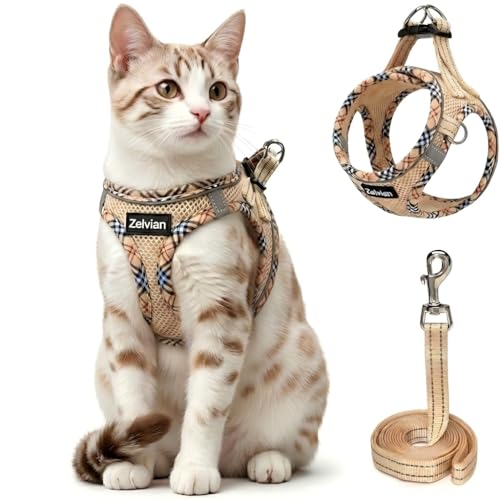 Escape Proof Cat Harness and Leash, Adjustable Vest, Beige, XXS | Soft Reflective Mesh with Dual D-Rings, Step-In Fit, Quick Buckle and 5 ft Leash for Outdoor Walks, Training and Vet Visits - color: Beige, size: XXS