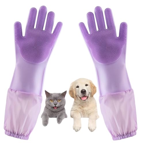 Dog Washing Gloves, Pet Grooming Gloves with Soft Brushes, Bathing and Massaging for Dogs and Cats, Silicone Heat Resistant Cleaning Gloves with High-Density Teeth (Purple) - color: Purple