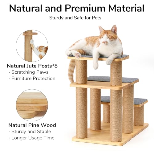 FUKUMARU Dog Stairs, Solid Wood Pet Stairs with Cat Scratching Post | Transformable Cat Step Hold Up to 200 lbs, 20" Pet Ramp for Dogs and Cats to Climb High Bed and Couch, Over 6 Combinations - color: Grey