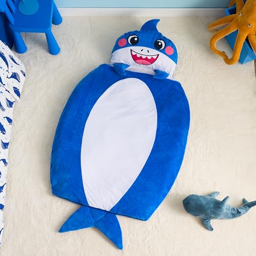 JOIEDOMI Kids Sleeping Bag 4 5 6 Year Old Girl Gifts Toddler Nap Mat with Pillow & Blanket 60" x 39" for Kids Ages 3+ Soft Plush Sleeping Mat for Preschool and Boys Girls - color: Blue Shark