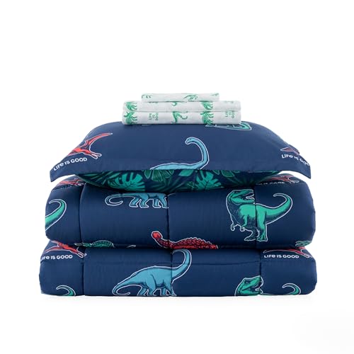Berkshire LIG Printed Reversible Microfiber Comforter Set–5-Piece, Ultra Soft All-Season Bedding, Wrinkle & Fade Resistant, Twin, Life was Good Dinos Navy - color: Life Was Good Dinos Navy, size: Twin