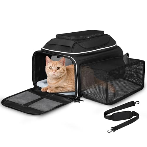 Top and Side Expandable Small Pet Carrier Airline Approved, Black | 17"Lx12"Wx8.5"H, for JetBlue/Frontier/Spirit Airlines, Pets Under 8 Lbs, Lockable Zippers, Soft-Sided, Anti-Scratch Mesh - color: Black, size: 17.0"L x 12.0"W x 8.5"H